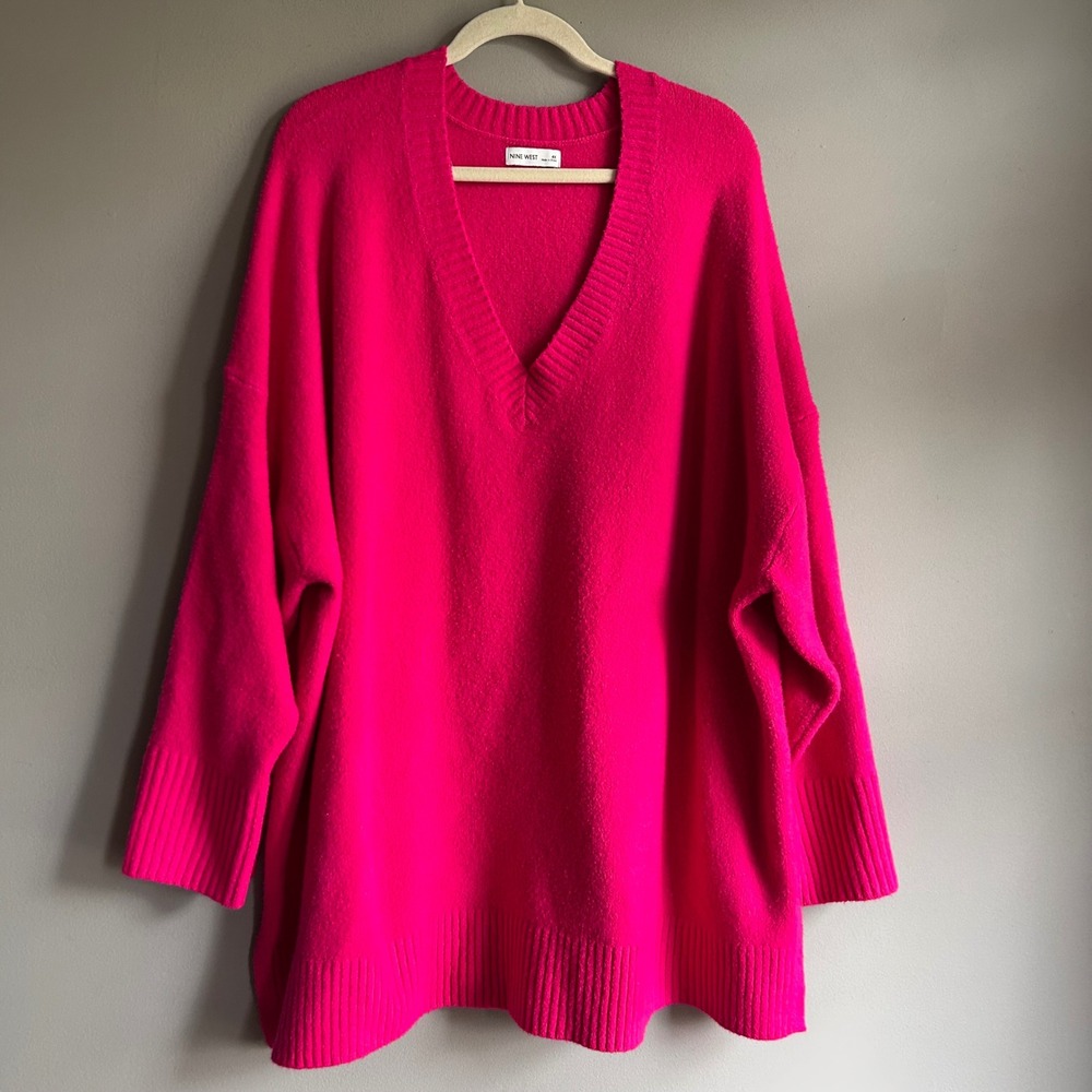 Nine West Womens 4X Pink Oversized V-Neck Knit Sweater RN73277
